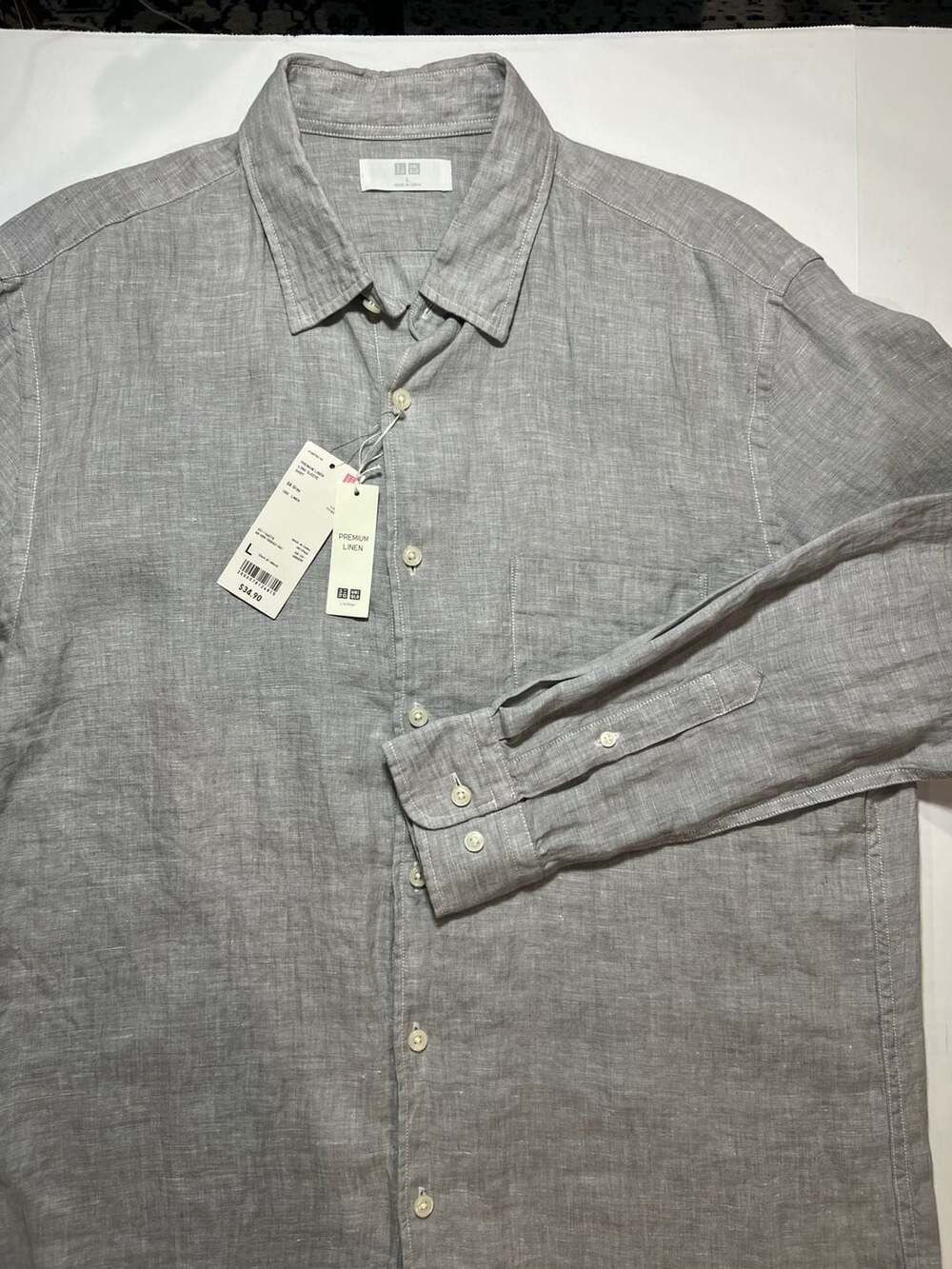 NWT Uniqlo Premium Linen Long-Sleeve Button-Up Shirt in Gray - Size L